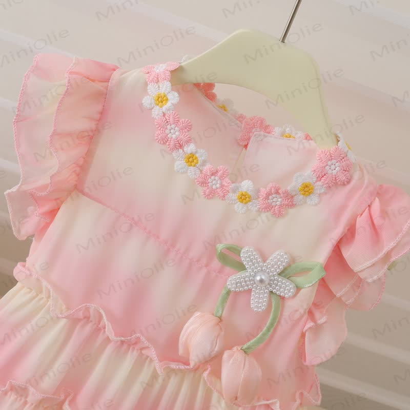 Toddler Flower Lace Collar Pink Dress with Hat - image 5