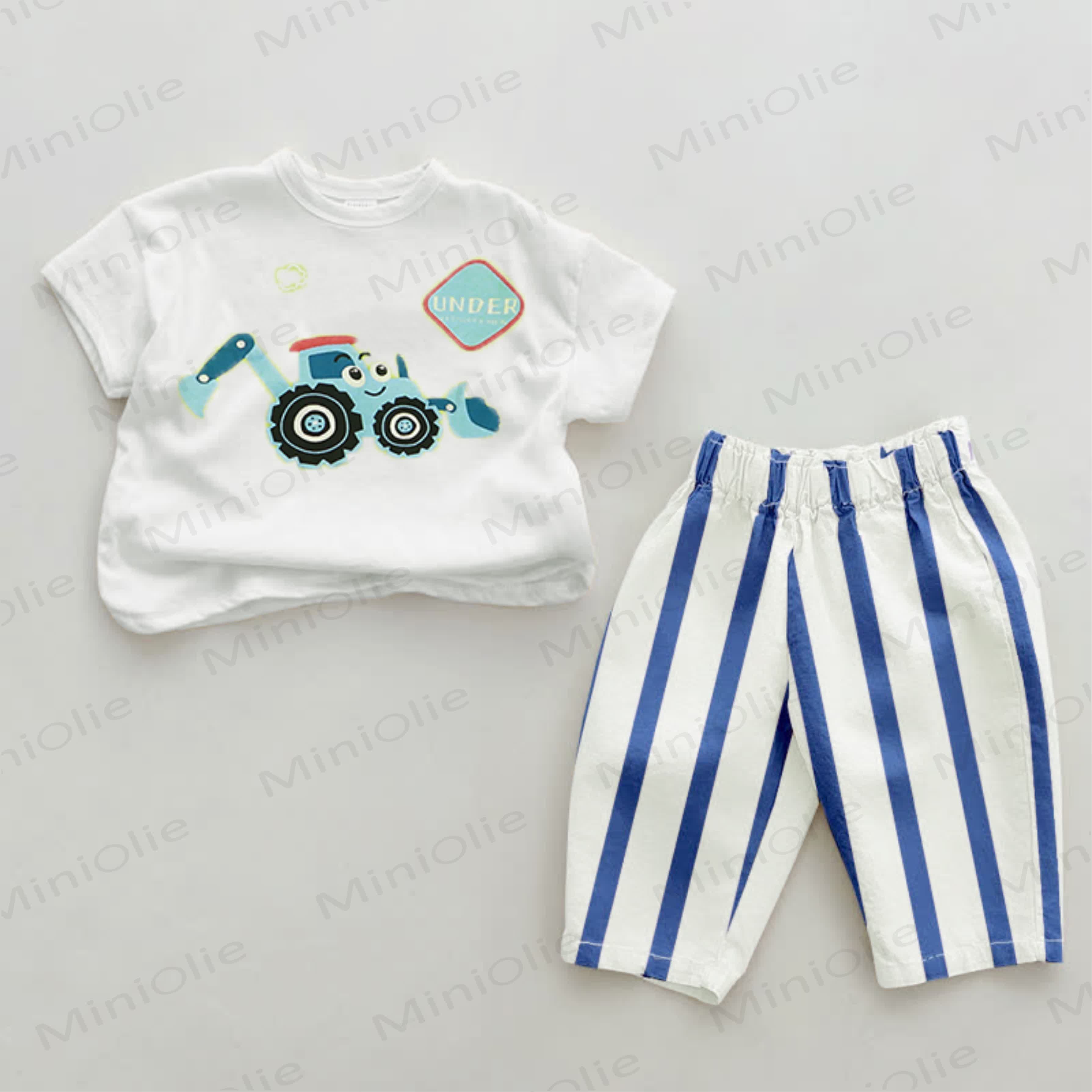 Baby Blue Bulldozer Excavator Striped Pants 2-piece Set - White&Blue - 2-3T - image 1