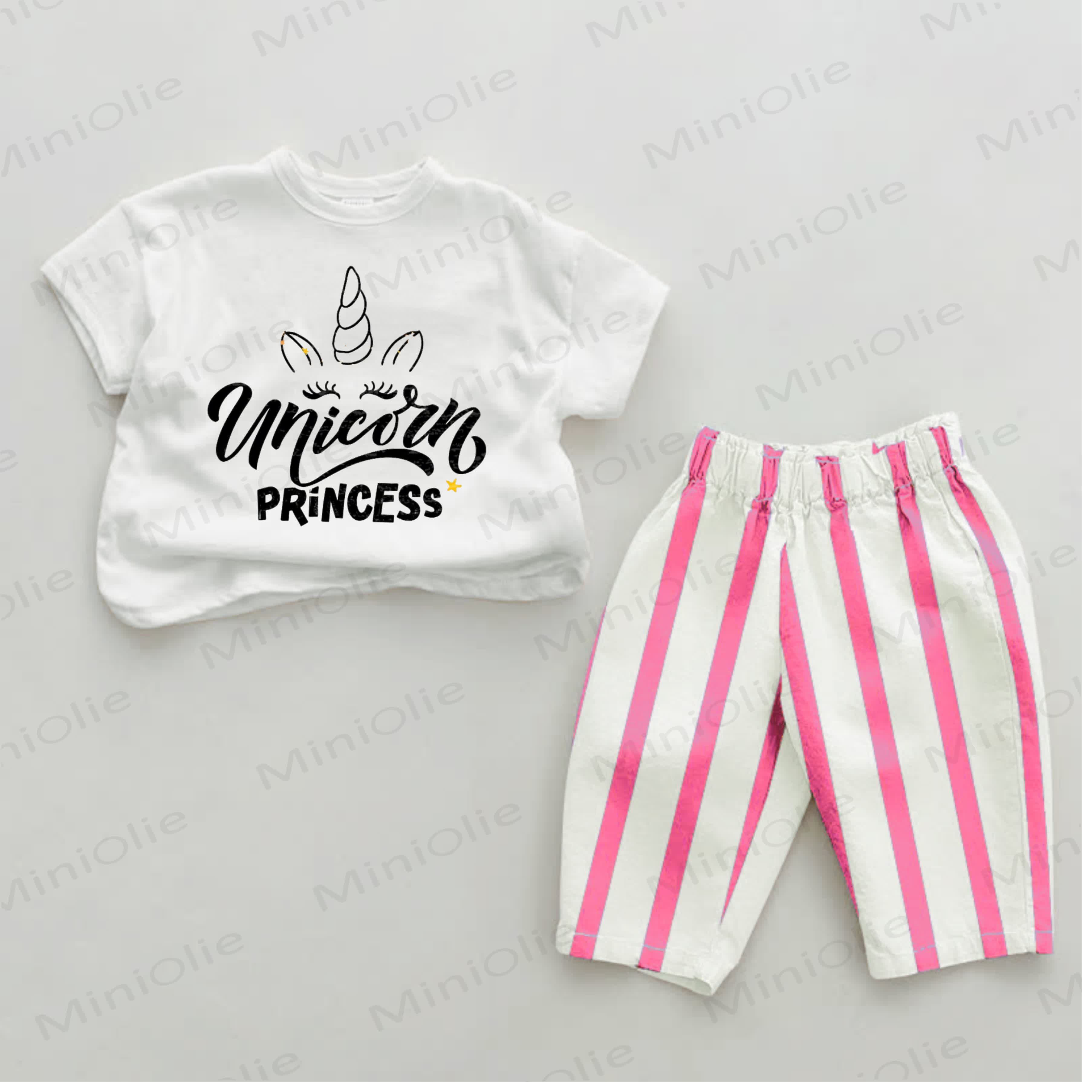 UNICORN PRINCESS Baby Pink Striped Pants 2-piece Set - White&Pink - 2-3T - image 1