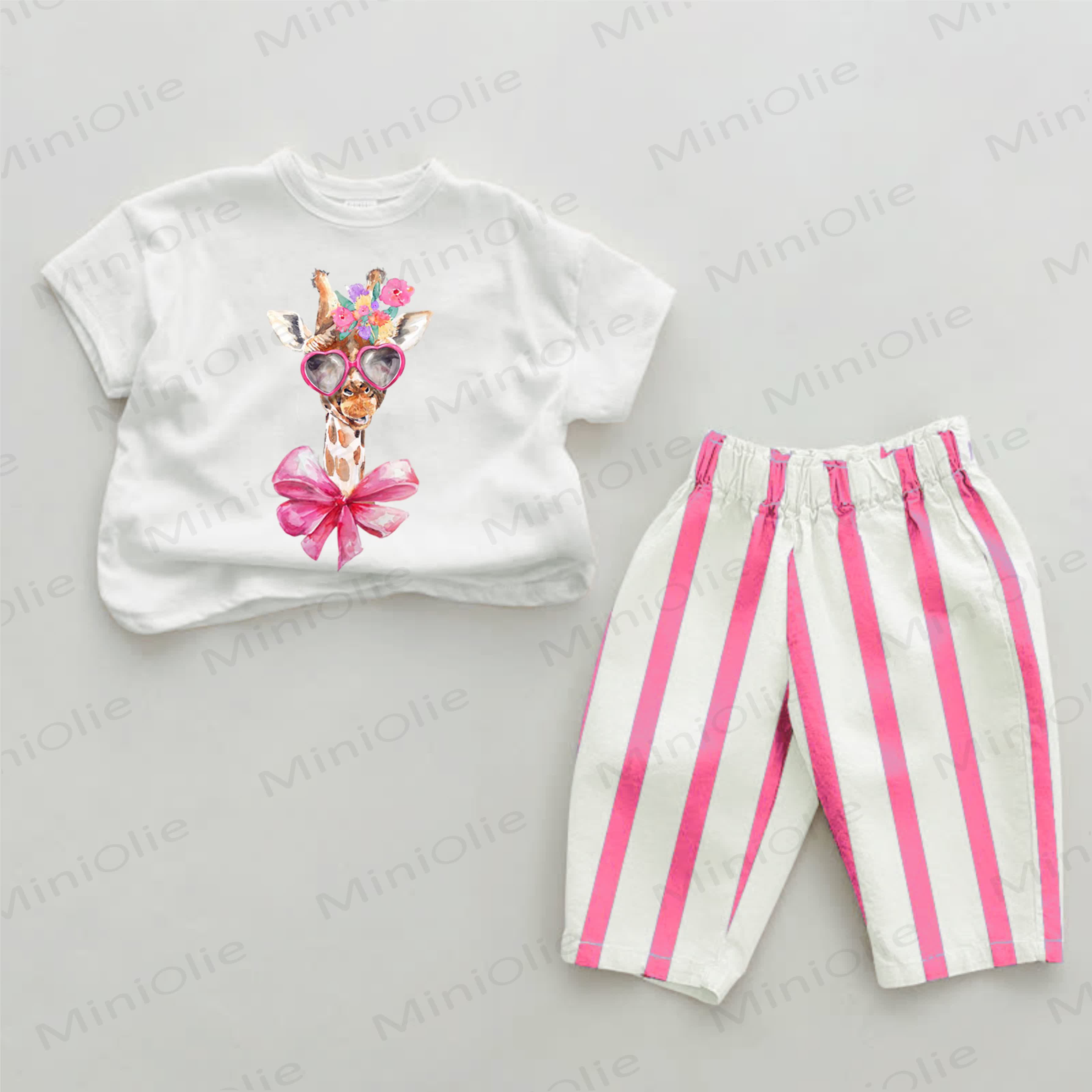 Floral Headband Bowknot Scarf Giraffe Baby 2-piece Set - White&Pink - 2-3T - image 1