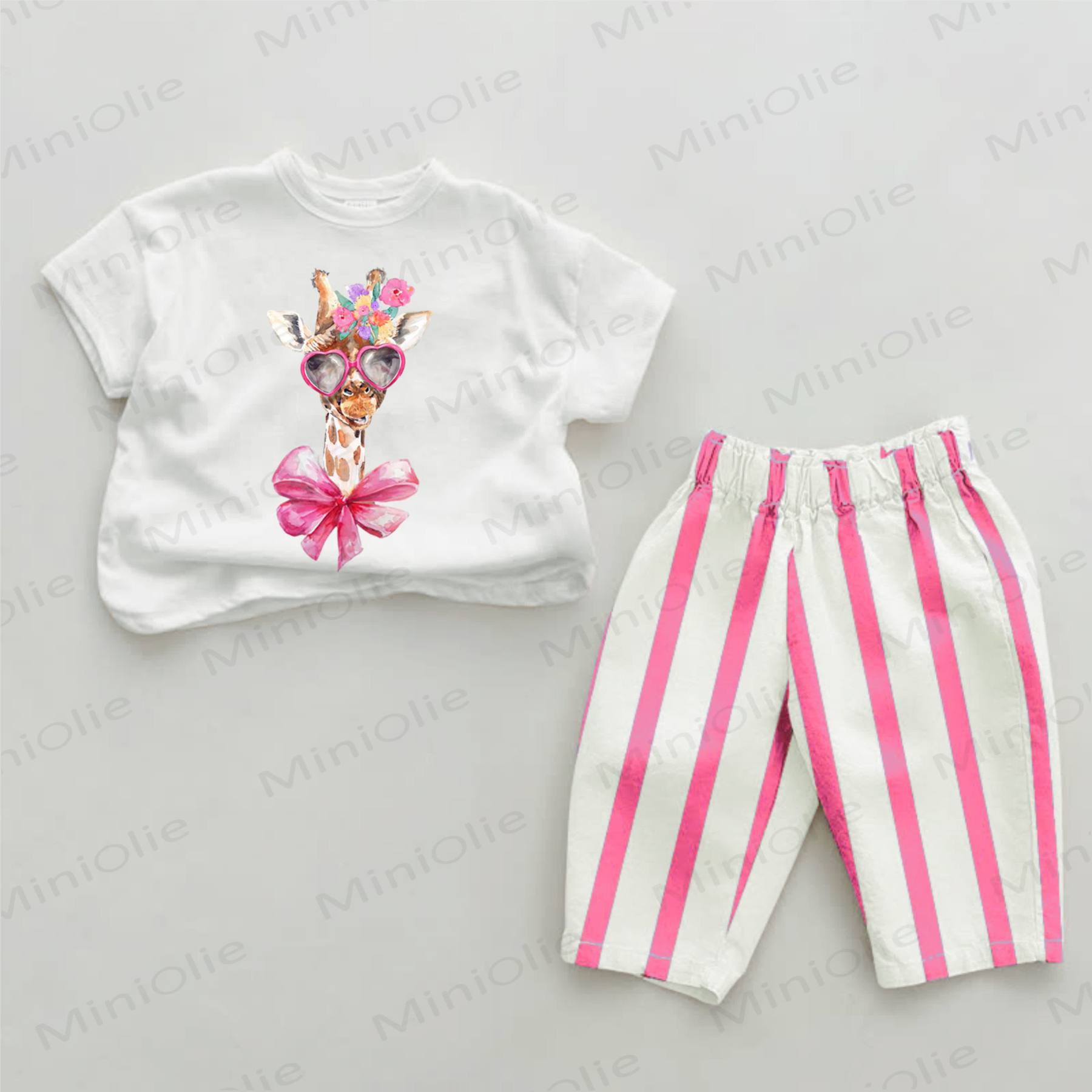 Floral Headband Bowknot Scarf Giraffe Baby 2-piece Set - White&Pink - 2-3T - image 1