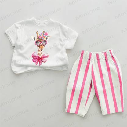 Floral Headband Bowknot Scarf Giraffe Baby 2-piece Set - White&Pink - 2-3T - image 1