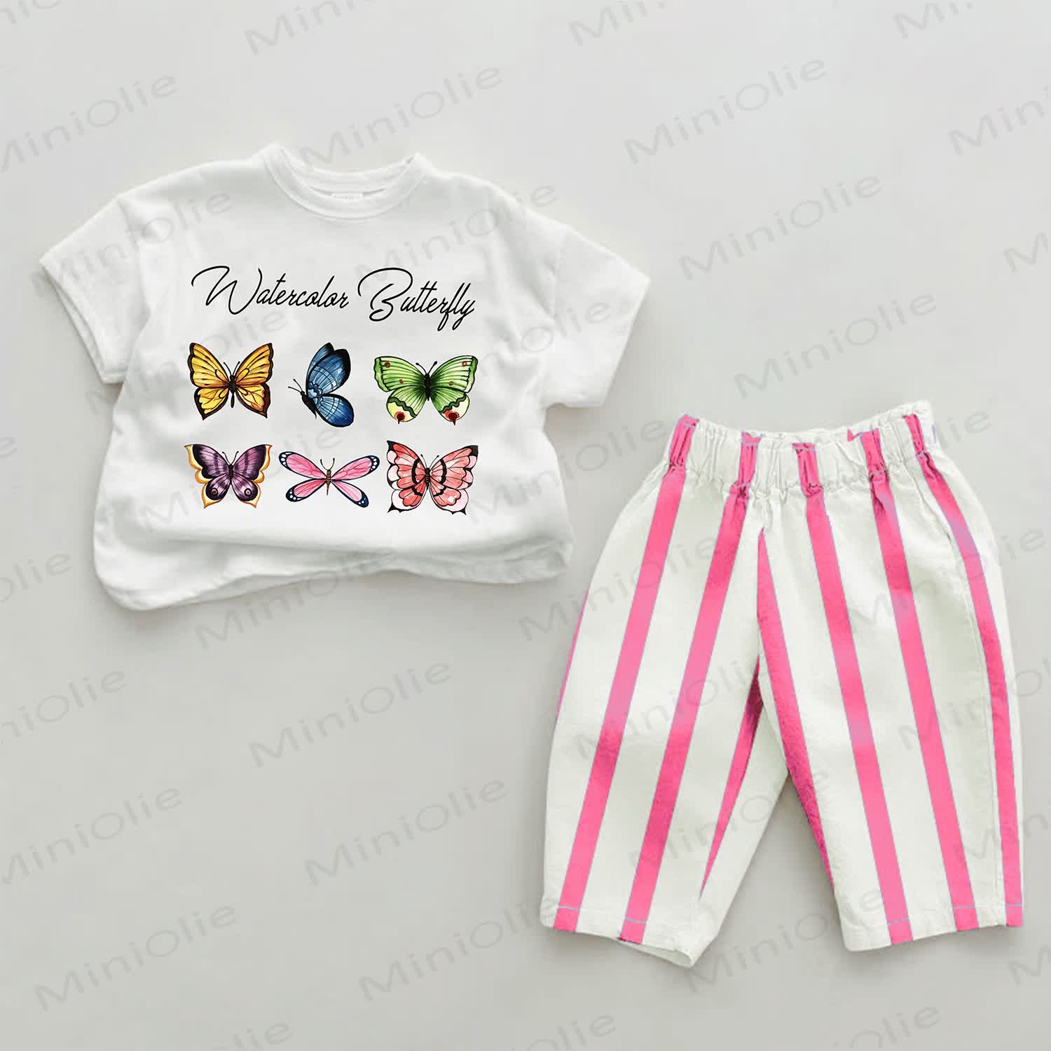Watercolor Butterfly Baby Pink Striped 2-piece Set - White&Pink - 2-3T - image 1