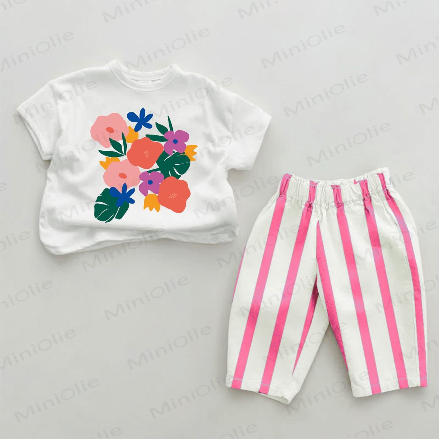 Flower bouquet Baby Pink Striped 2-piece Set - White&Pink - 2-3T - image 1