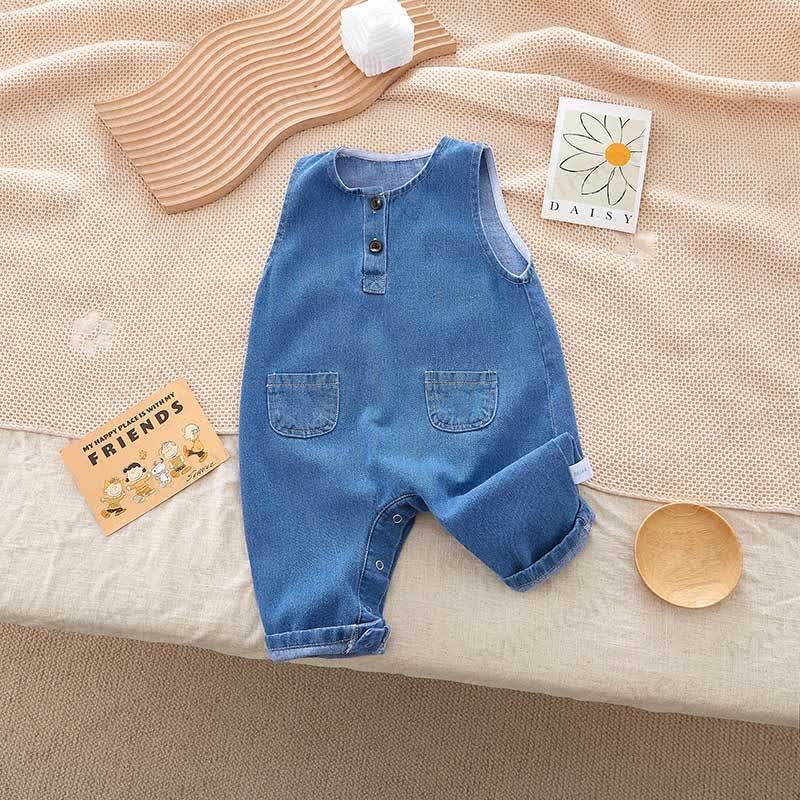 Baby Sleeveless Pocket Denim Romper - Blue - 2-3T - image 1