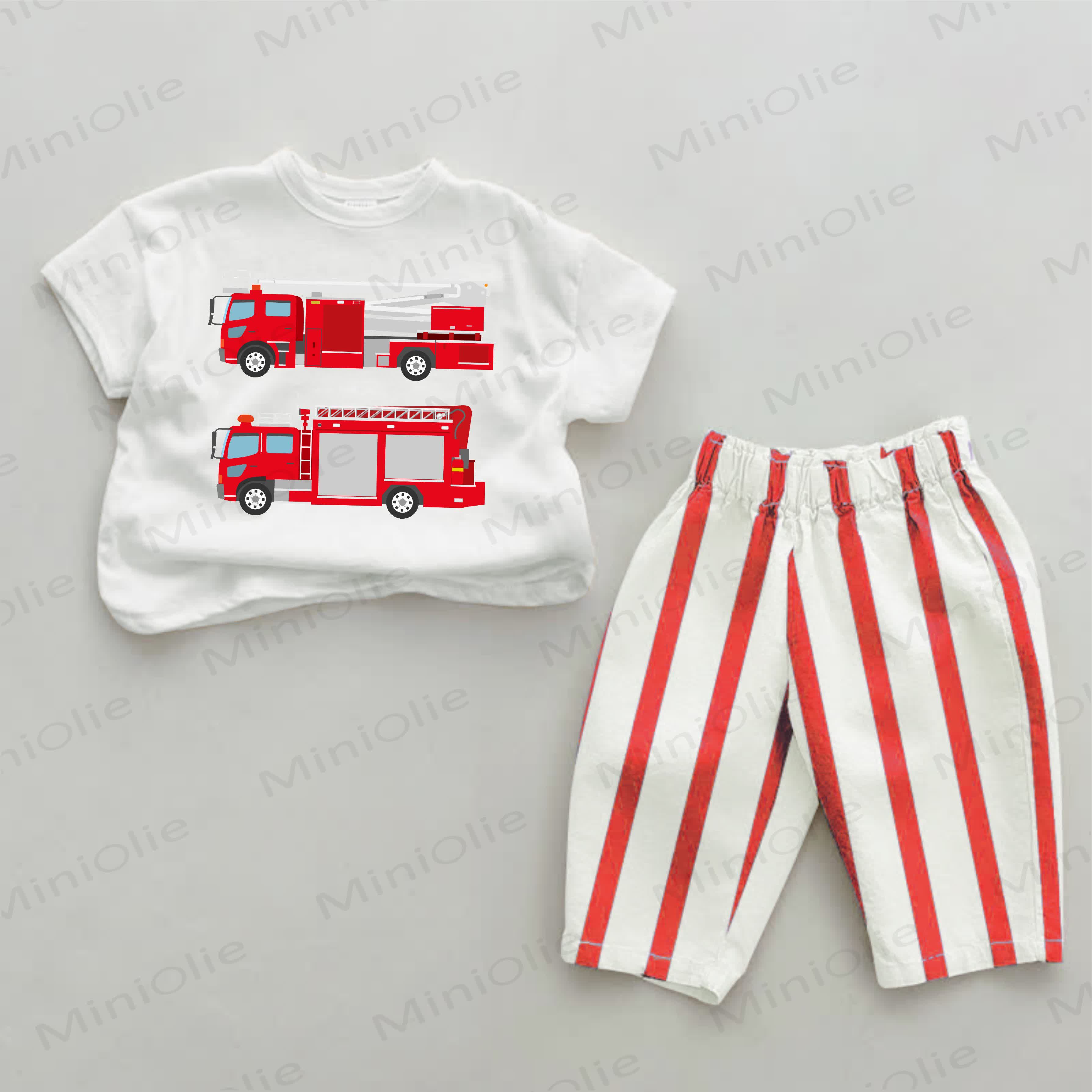 Baby Twin Fire Trucks Red Striped 2-piece Set - White&Red - 2-3T - image 1