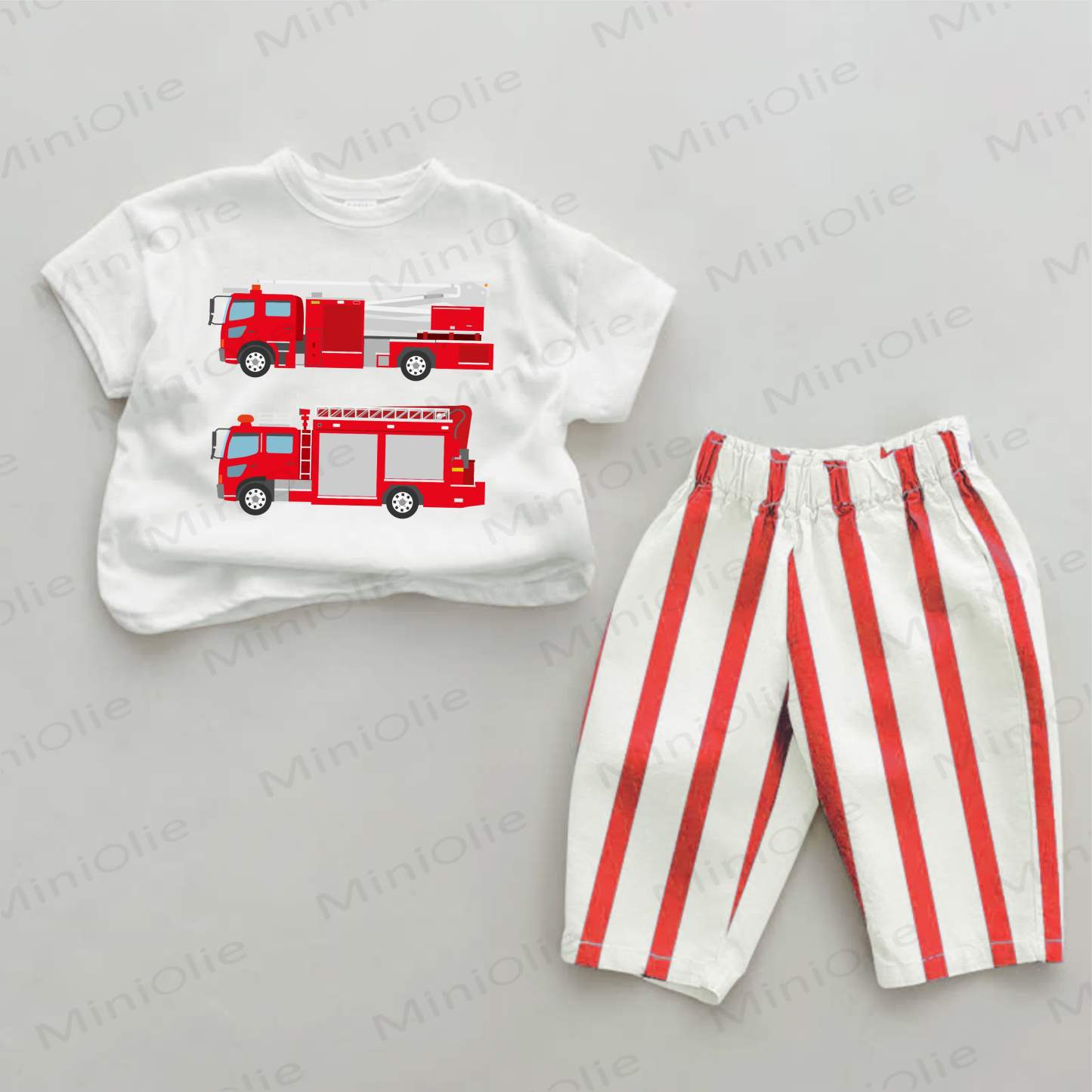 Baby Twin Fire Trucks Red Striped 2-piece Set - White&Red - 2-3T - image 1