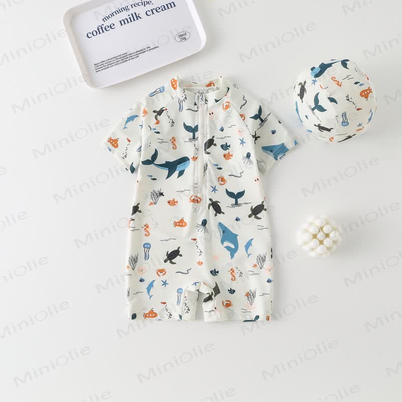 Toddler Boy Whale Turtle Swimsuit with Hat - Beige - 6-7T - image 1
