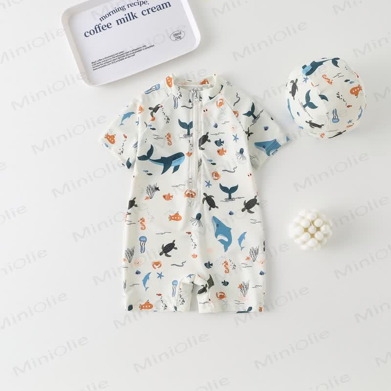 Toddler Boy Whale Turtle Swimsuit with Hat - Beige - 6-7T - image 1