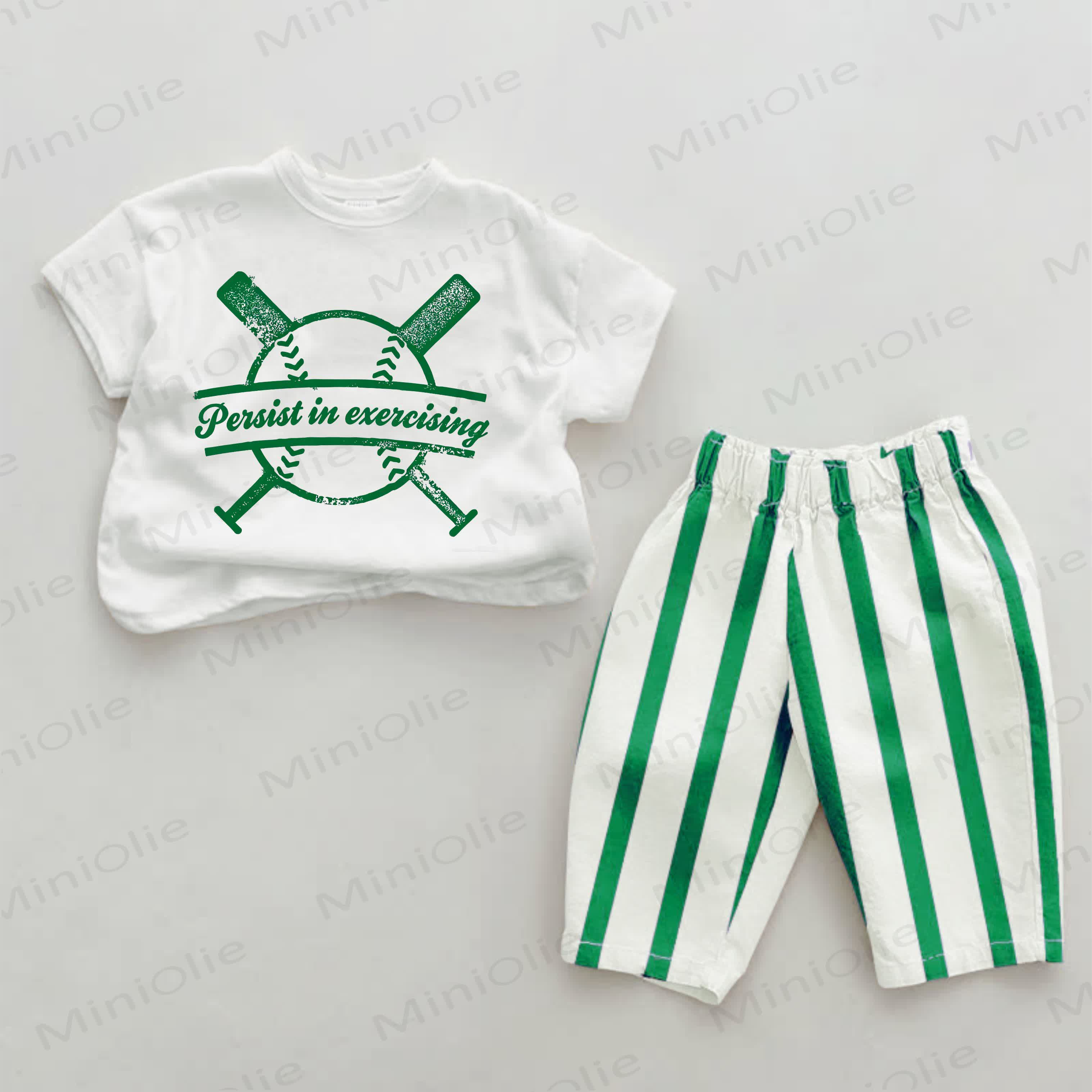 Persist In Exercising Baby Baseball Green Striped Pants 2-piece Set - White&Green - 2-3T - image 1