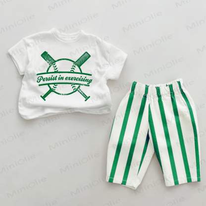 Persist In Exercising Baby Baseball Green Striped Pants 2-piece Set - White&Green - 2-3T - image 1