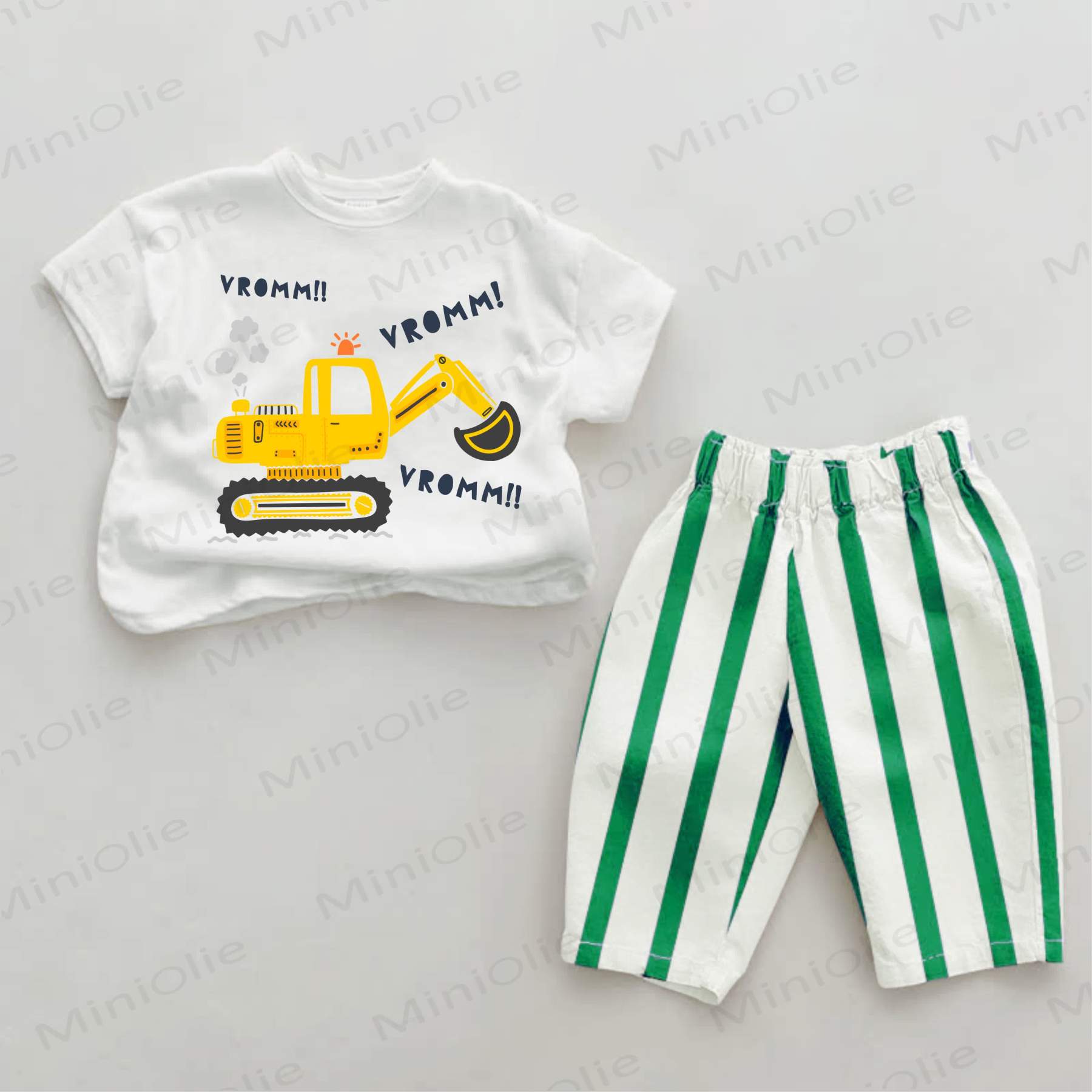 VROMM VROMM Excavator Baby Green Striped Pants 2-piece Set - White&Green - 2-3T - image 1
