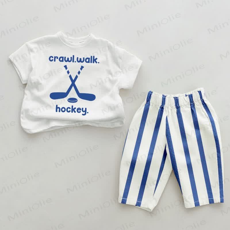 CRAWL.WALK.HOCKEY. Baby Blue Striped Pants 2-piece Set - White&Blue - 2-3T - image 1