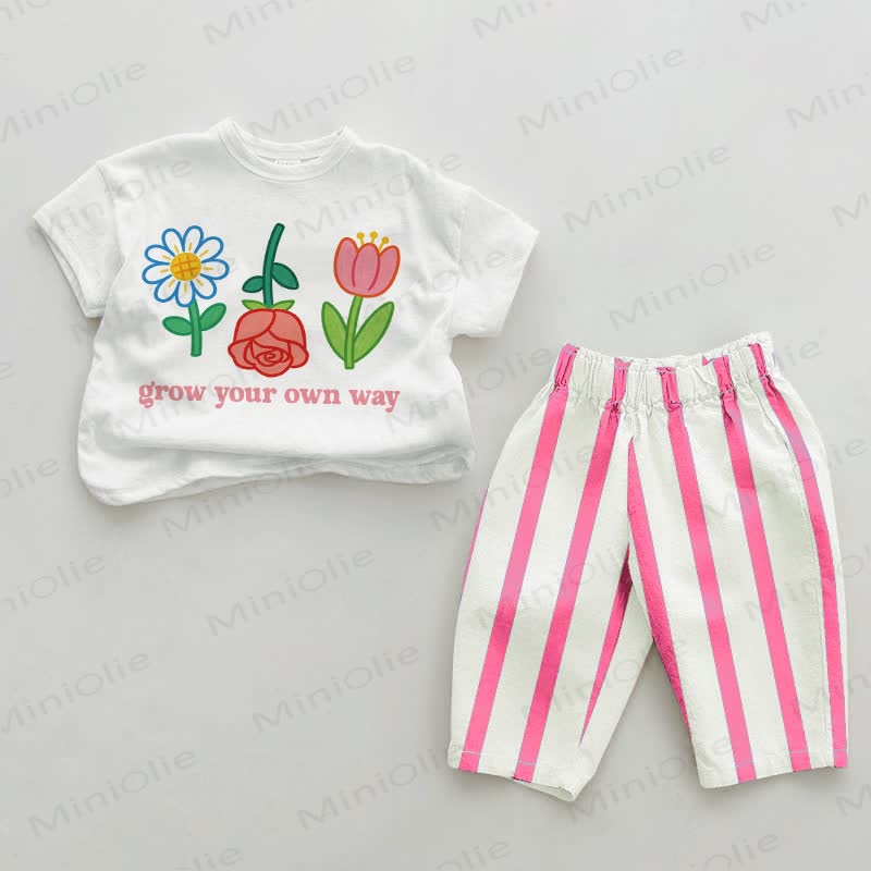 GROW YOUR OWN WAY Baby Flower Striped 2-piece Set - White&Pink - 2-3T - image 1