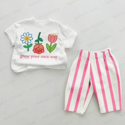 GROW YOUR OWN WAY Baby Flower Striped 2-piece Set - White&Pink - 2-3T - image 1