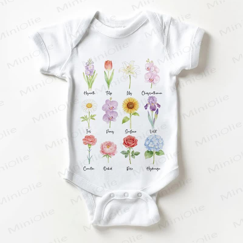 Cute Flower Names Baby Bodysuit – Botanical Short Sleeve Baby Onesie - White - 18-24M - image 1