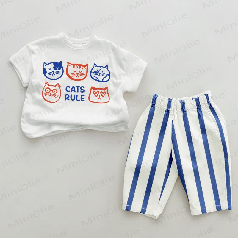 CATS RULE Cartoon Cat Print Baby Blue Striped Pants 2-piece Set - White&Blue - 2-3T - image 1