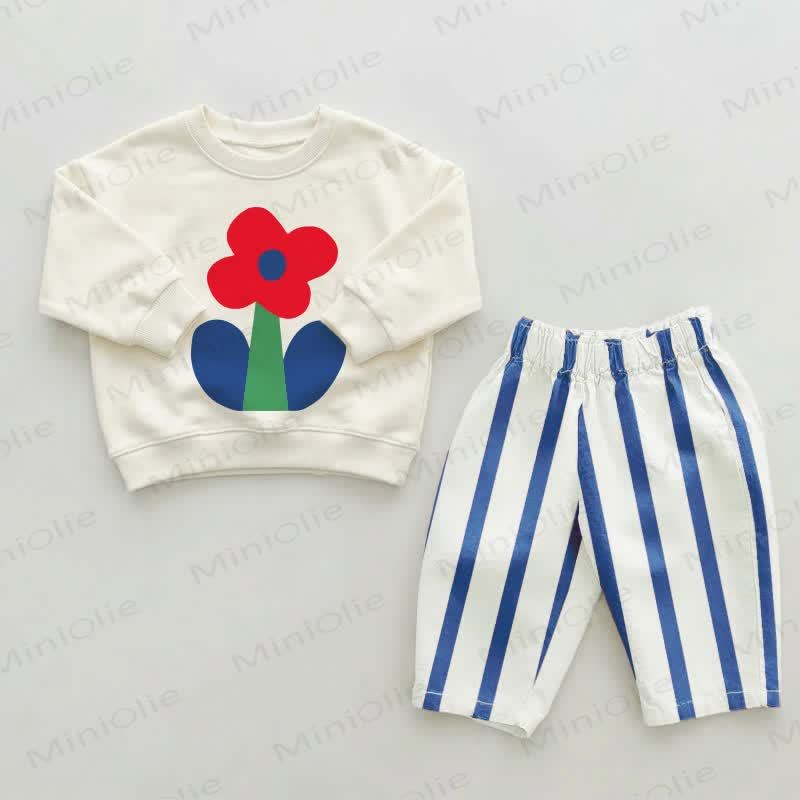 Baby Toddler Flower Blue Striped Pants 2-piece Set - Beige&Blue - 2-3T - image 1