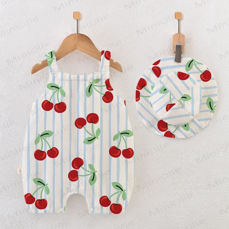 Baby Cherry Fullprint Blue Striped Romper With Hat - White - 18-24M - image 1