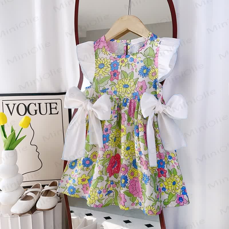 Toddler Floral Bow Ruffled Sleeves Dress - White - 6-7T - image 1