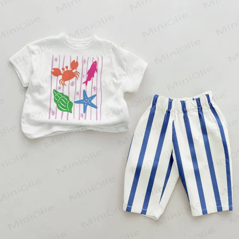 Baby Marine Life Blue Striped Pants 2-piece Set - White&Blue - 2-3T - image 1