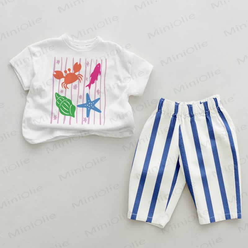 Baby Marine Life Blue Striped Pants 2-piece Set - White&Blue - 2-3T - image 1