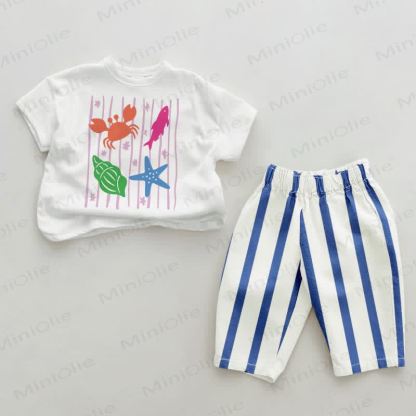 Baby Marine Life Blue Striped Pants 2-piece Set - White&Blue - 2-3T - image 1