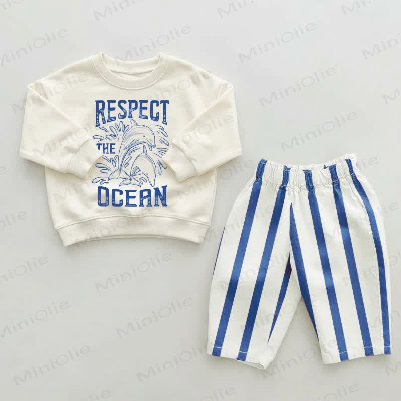 RESPECT THE OCEAN Baby Toddler Blue Striped Pants 2-piece Set - Beige&Blue - 2-3T - image 1