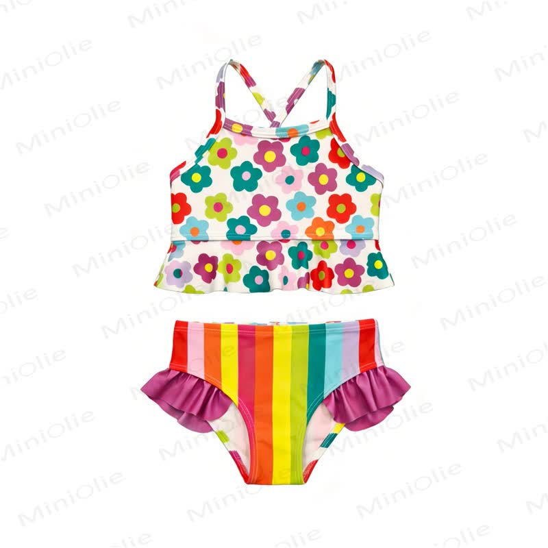 Toddler Flower Striped Swimsuit - White - 8-9T - image 1
