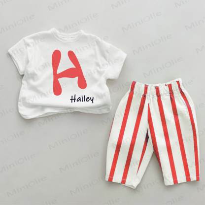 Personalized Irregular Letter Baby Name Customization Red Striped 2-piece Set - image 1