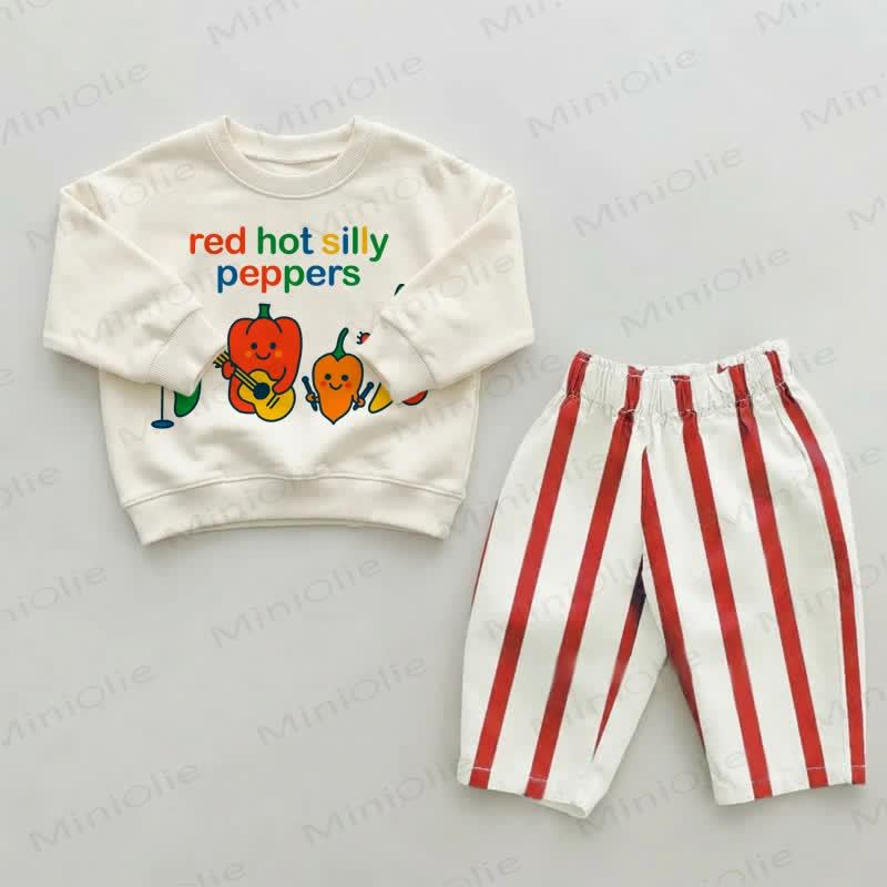 RED HOT SILLY PEPPERS Baby Toddler Red Striped Pants 2-piece Set - Beige&Red - 2-3T - image 1