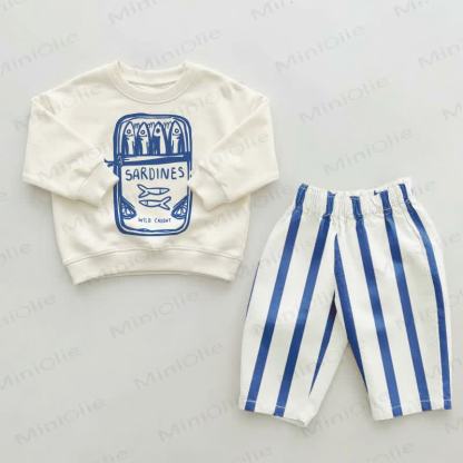 Baby Toddler Canned Sardines Blue Striped Pants 2-piece Set - Beige&Blue - 2-3T - image 1