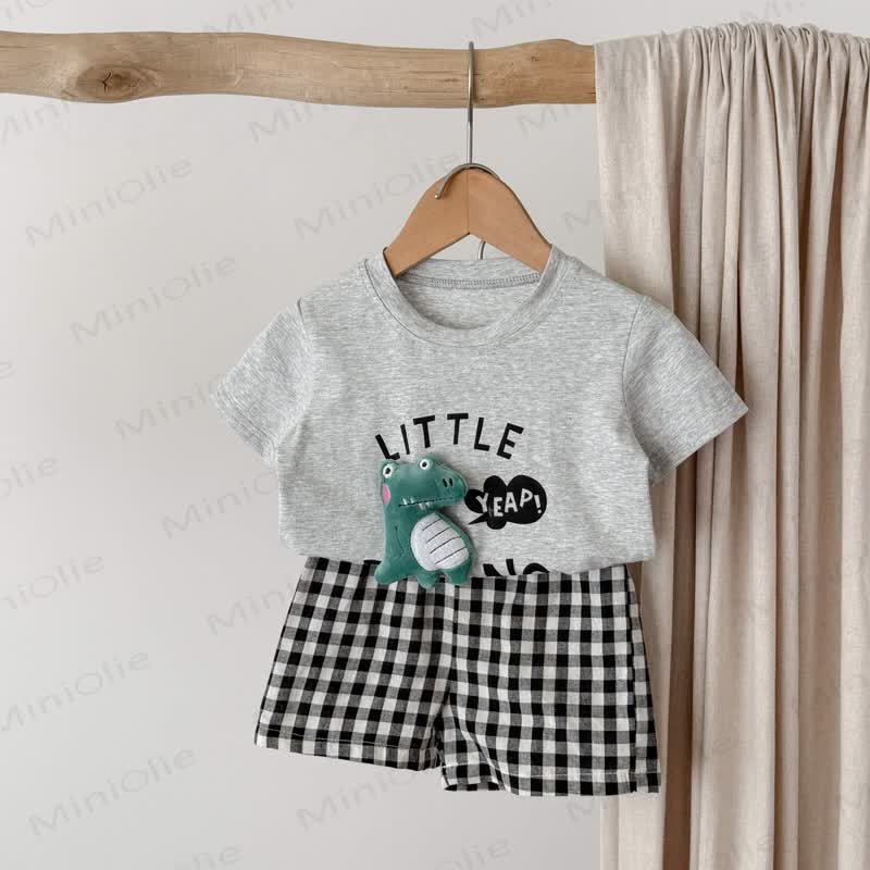 LITTLE DINO Toddler Tee and Plaid Shorts Set - Light Gray - 4-5T - image 2