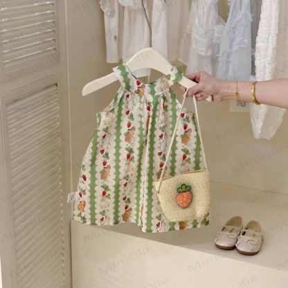 Toddler Girl Striped Bunny Strap Dress with Bag - Green - 6-7T - image 1