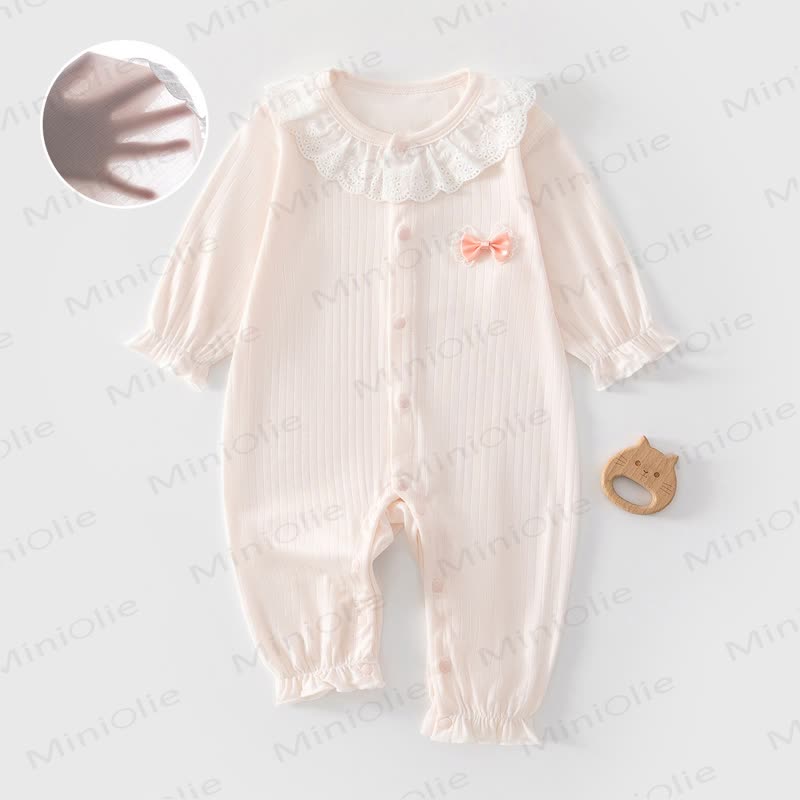 Baby Ribbed Lace Collar Long Sleeve Romper - Pink - 18-24M - image 1