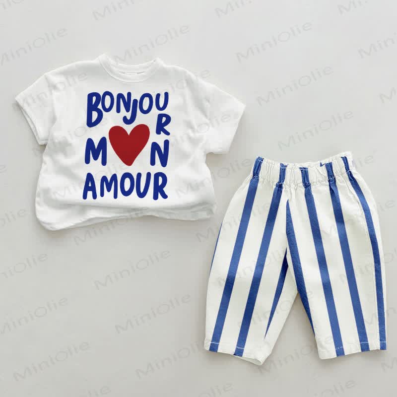 BONJOUR MON AMOUR Baby Blue Striped Pants 2-piece Set - White&Blue - 2-3T - image 1