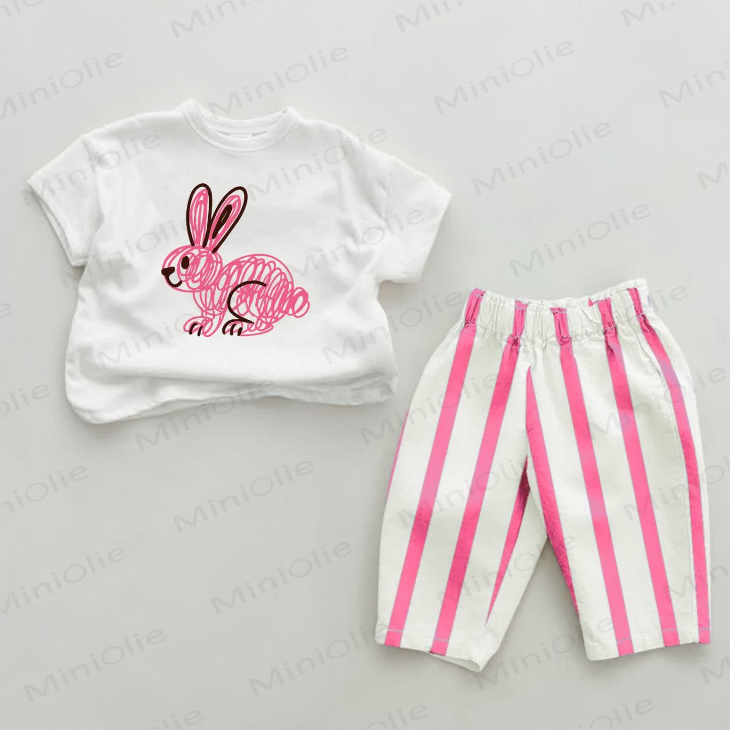 Baby Pink Doodle Rabbit Striped 2-piece Set - White&Pink - 2-3T - image 1