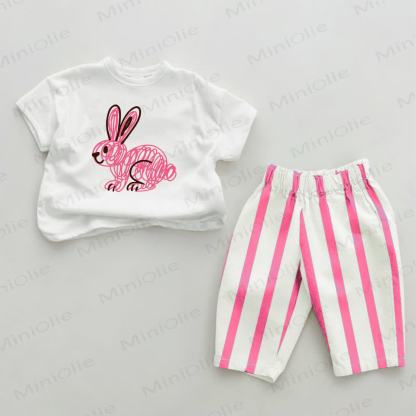 Baby Pink Doodle Rabbit Striped 2-piece Set - White&Pink - 2-3T - image 1