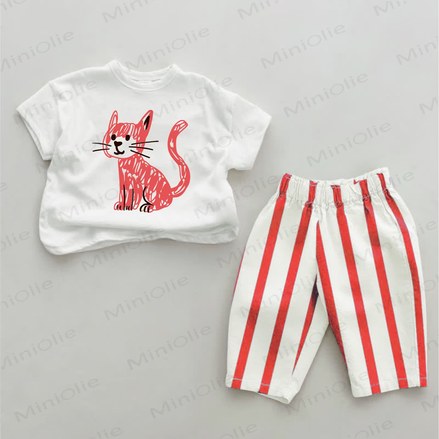 Baby Red Doodle Cat Striped 2-piece Set - White&Red - 2-3T - image 1