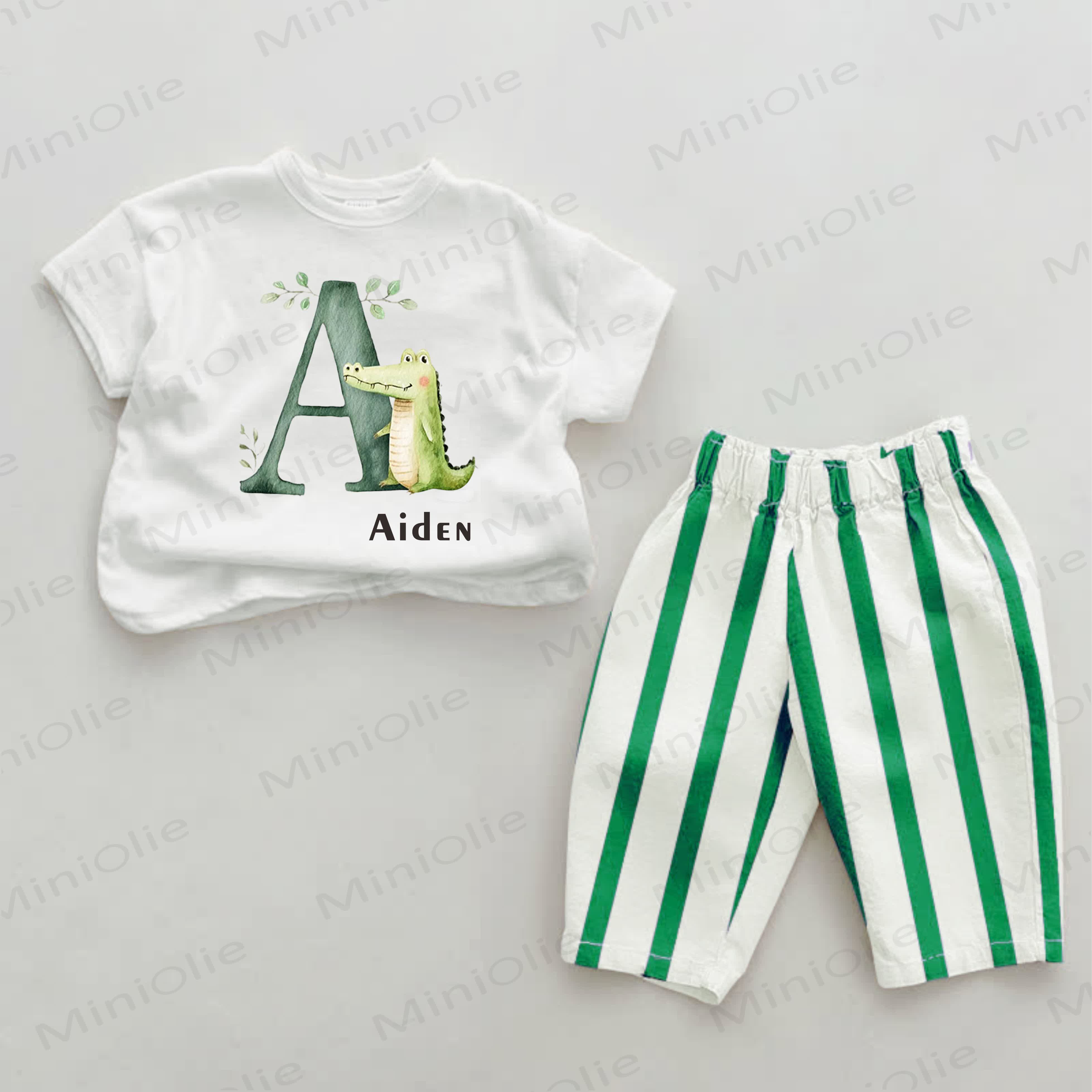Personalized Safari Letter Baby Green Striped Set with Name Customization - image 1
