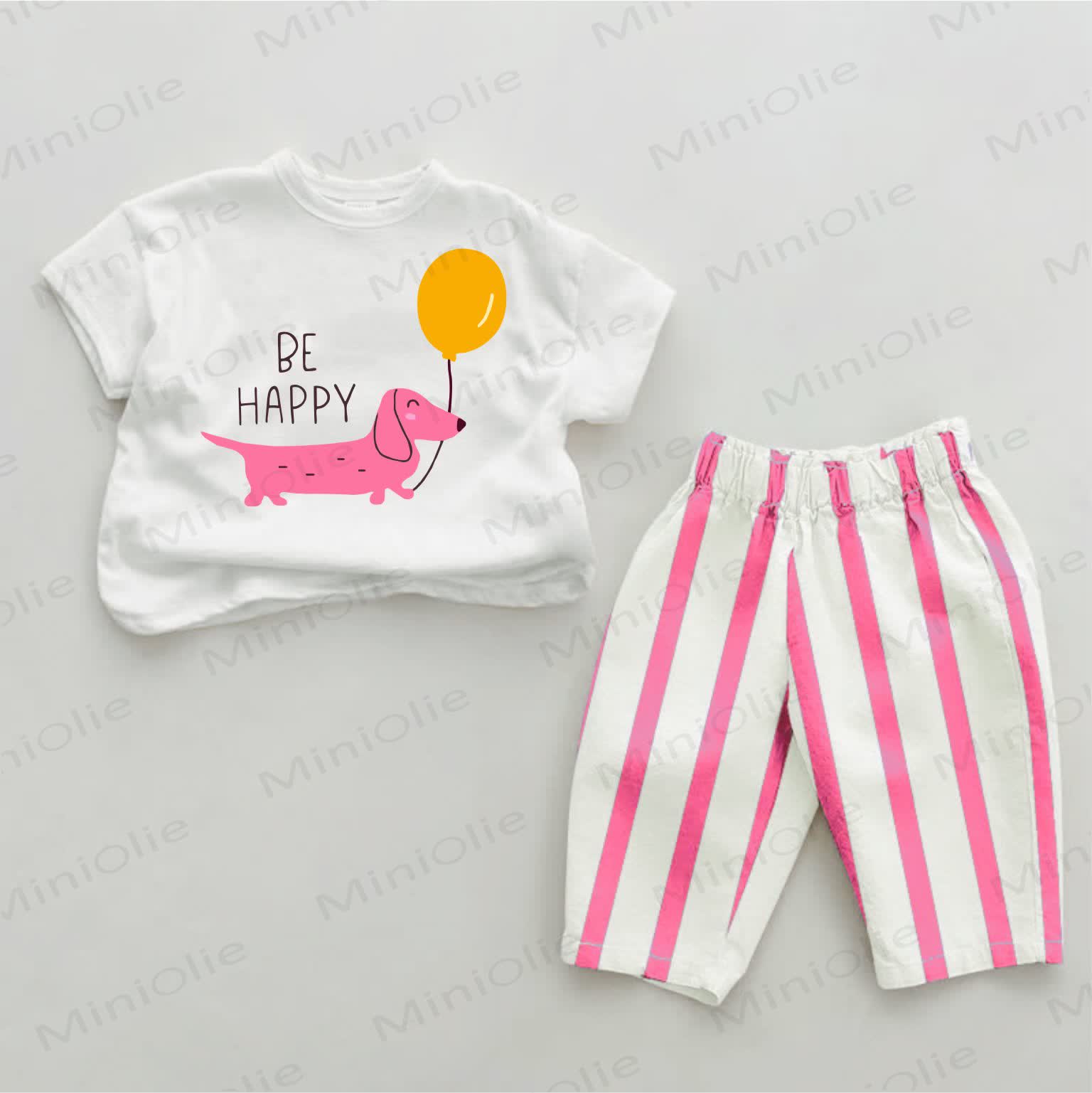 BE HAPPY Baby Dachshund with Balloon Striped 2-piece Set - White&Pink - 2-3T - image 1
