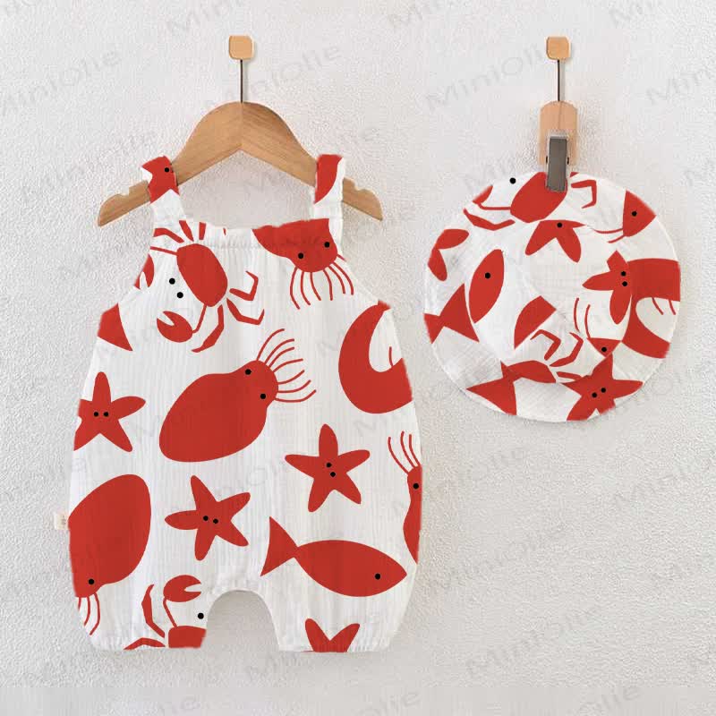 Baby Fish Printed White Romper with Hat - White&Red - 18-24M - image 1