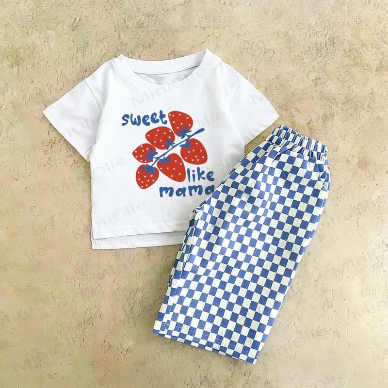 SWEET LIKE MAMA Baby Toddler White&Blue Plaid Fruit Slogan 2-Piece Set - White&Blue - 2-3T - image 1