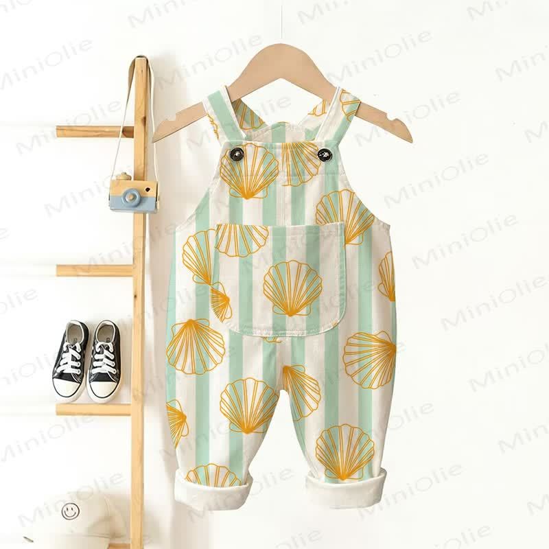 Baby Toddler Shell Green Vertical Striped Overalls  - White&Green - 3-5T - image 1