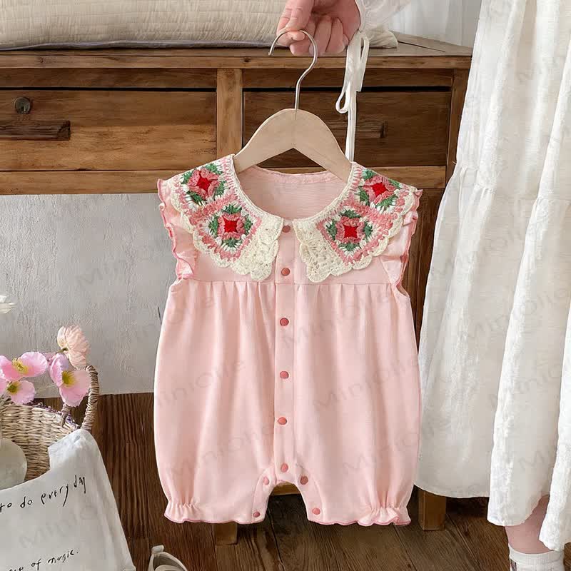 Baby Pink Crochet Collar Floral Romper - Pink - 18-24M - image 1