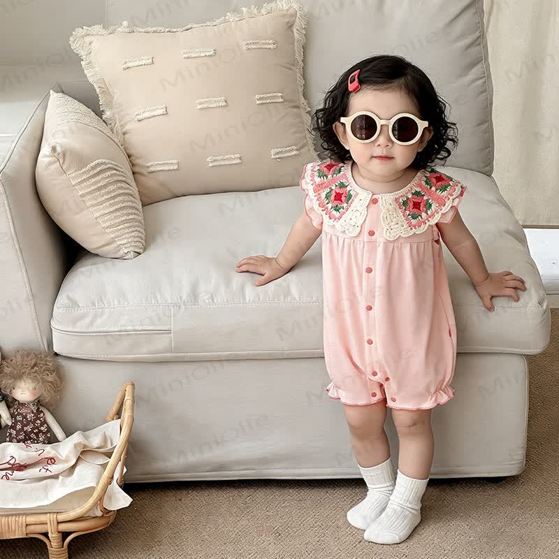 Baby Pink Crochet Collar Floral Romper - image 2
