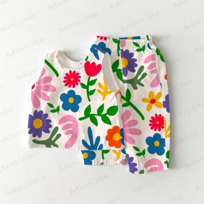 Baby Toddler Colorful Spring Flowers Sleeveless 2-piece Set - White - 5-7T - image 1