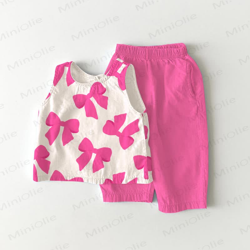 Baby Toddler Pink Bownot Sleeveless 2-piece Set - White&Pink - 5-7T - image 1
