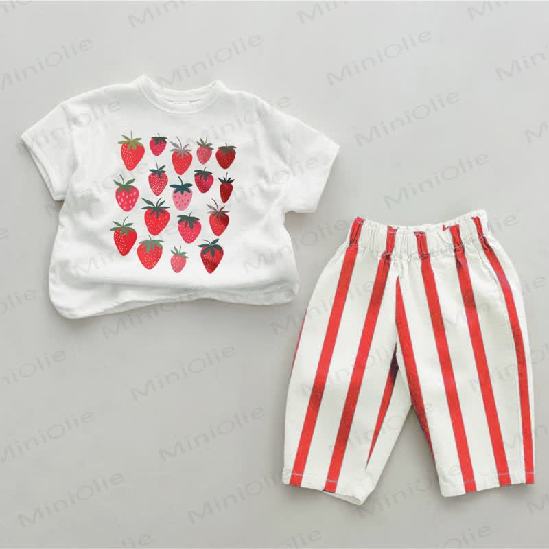 Baby Red Strawberry Striped 2-piece Set - White&Red - 2-3T - image 1