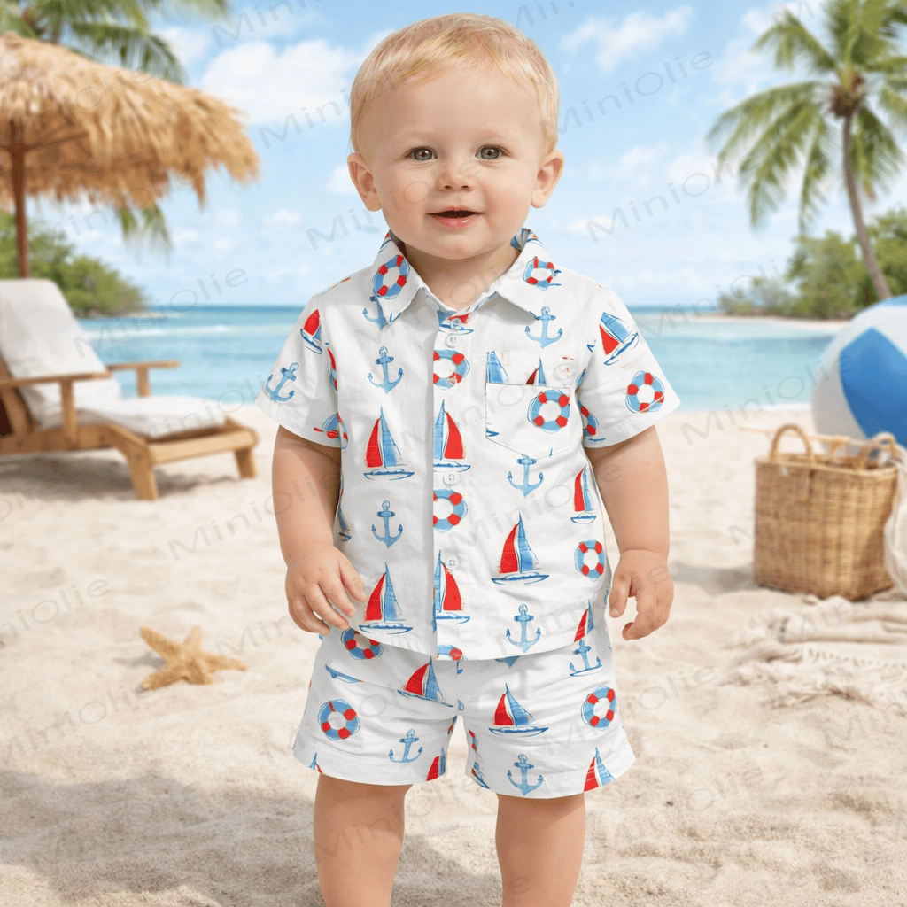 Baby Toddler Sailboat Pattern Shirt and Shorts 2-piece Set - White - 3-5T - image 1